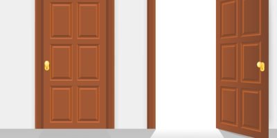 Open and closed door house front. Wooden open entry with shining light. Vector illustration